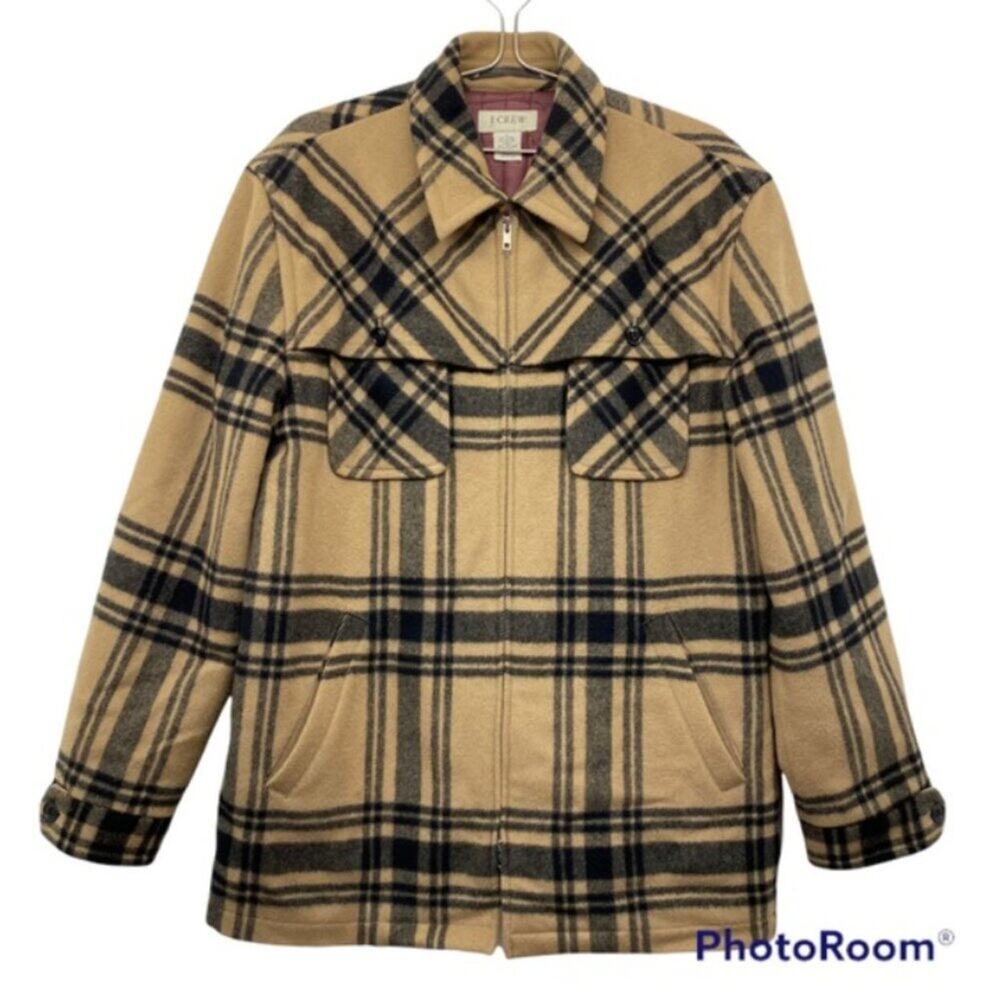 J.Crew Vintage Men’s Plaid Wool Blend Shirt Jacket Quilted Coat Tan Black Small